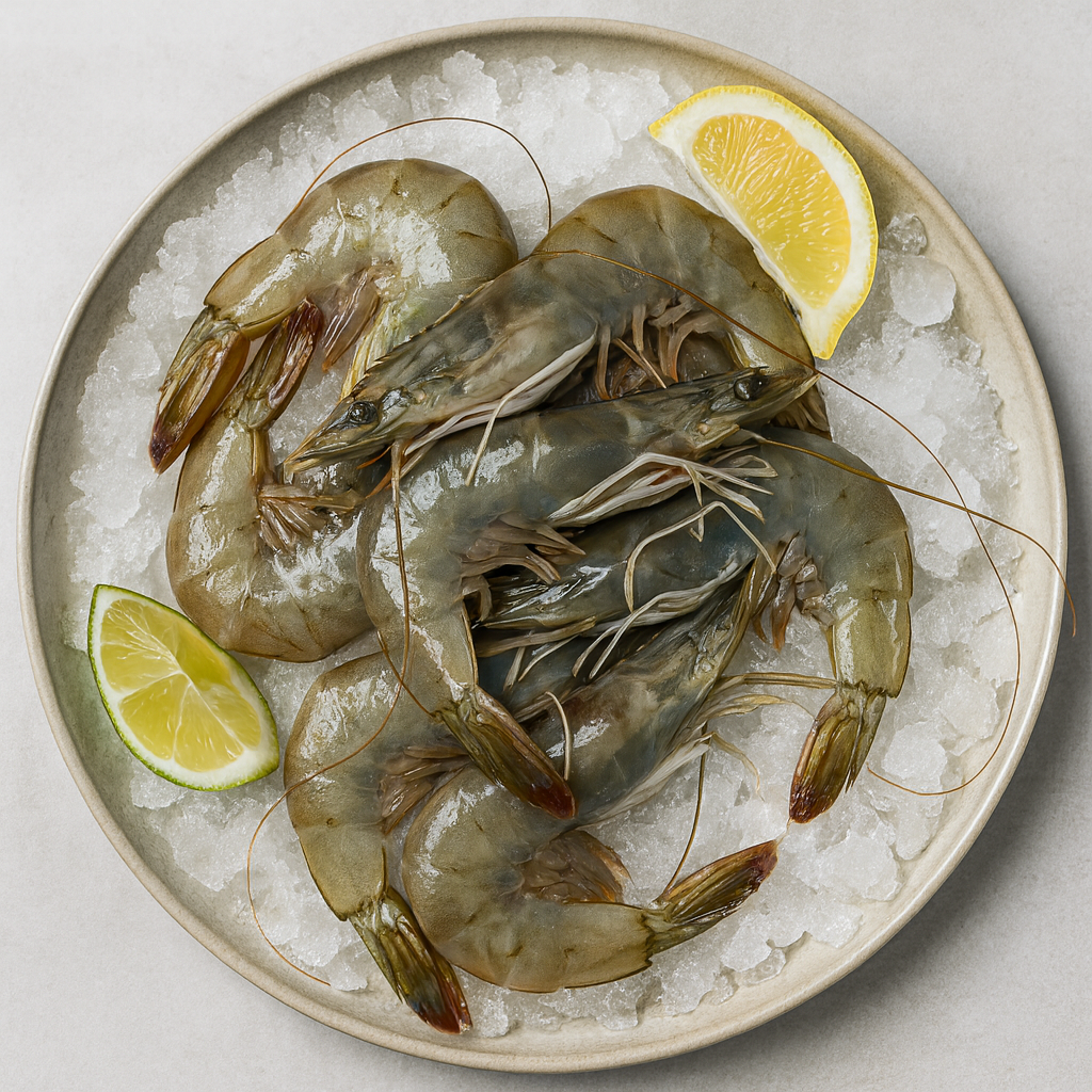 Blyškiosios krevetės nevirtos 20/30 su galva, su uodega, 0,8kg