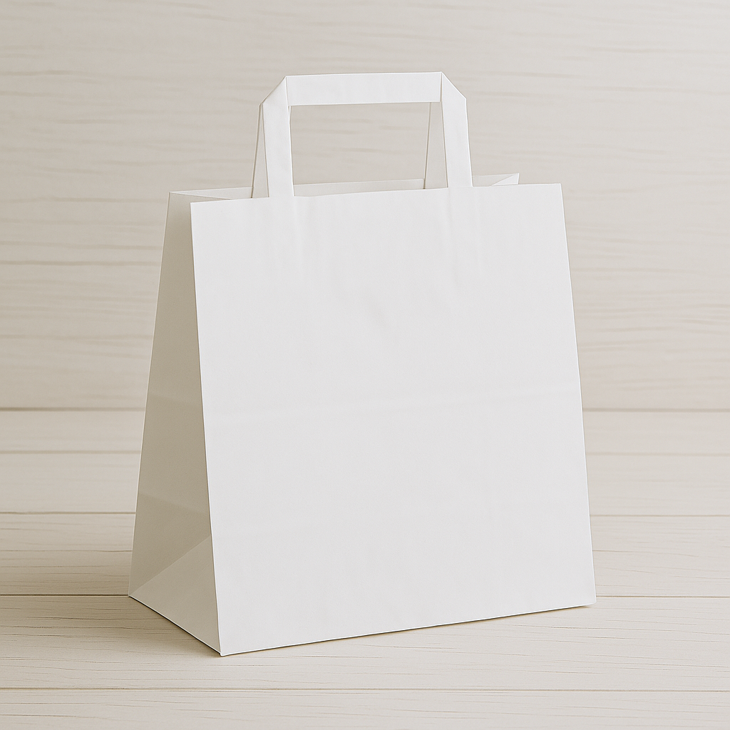 Balti popieriniai pirkinių maišeliai su flat tipo rank. 28x10x22 250vnt