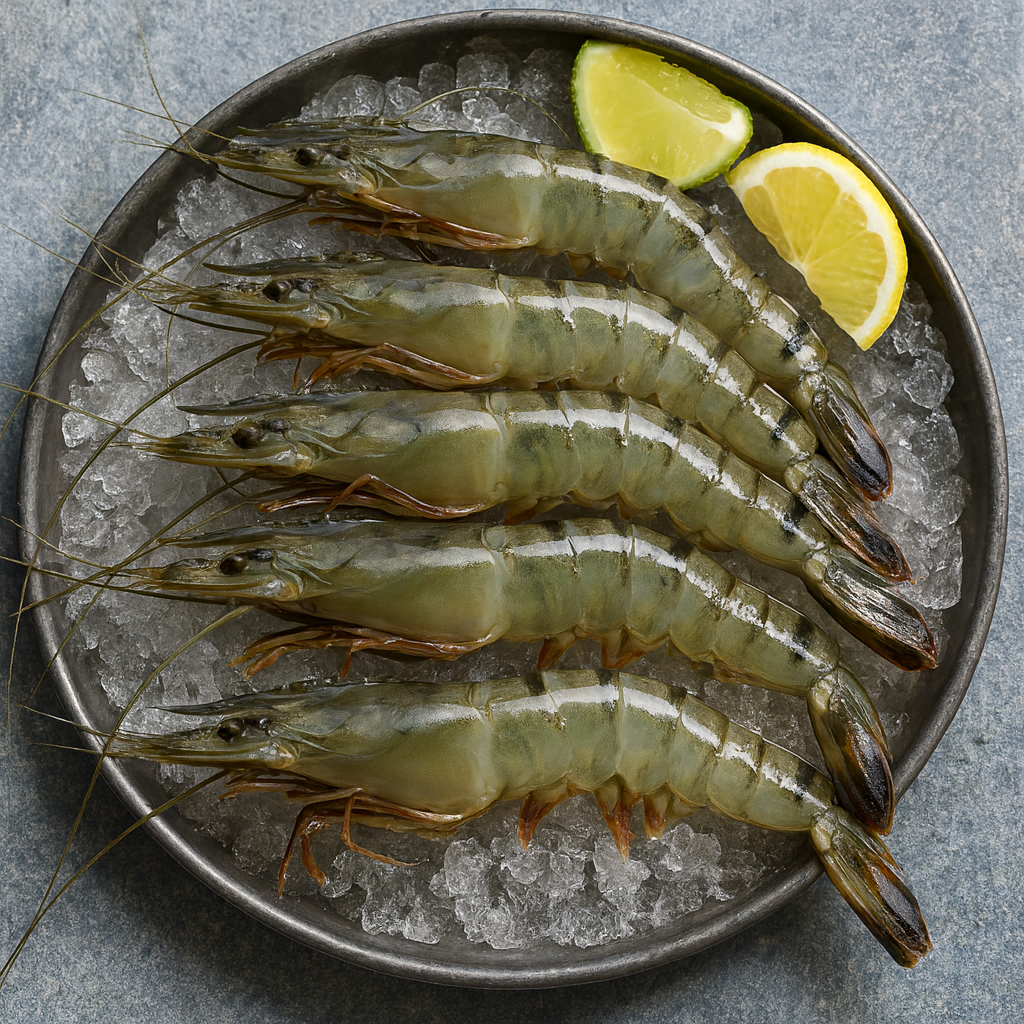 Tigrinės krevetės nevirtos 13/15 su galvom, su uodegom, 0,75kg